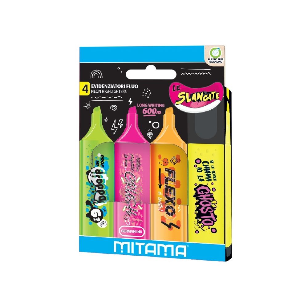 Текстмаркери MITAMA Le Slangate, скосен връх 2-5 мм, 4 цвята неон