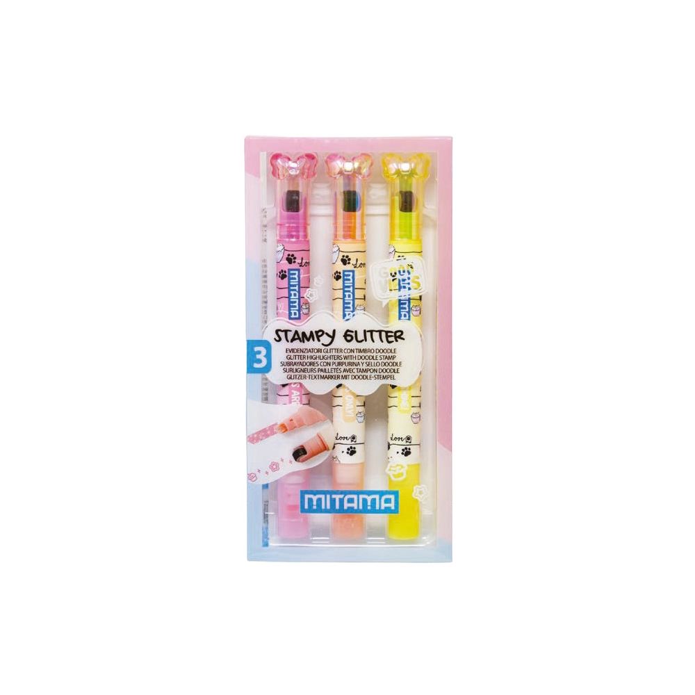 Текстмаркери-печати MITAMA Stampy Glitter, 3 цвята, опаковка 3 бр.