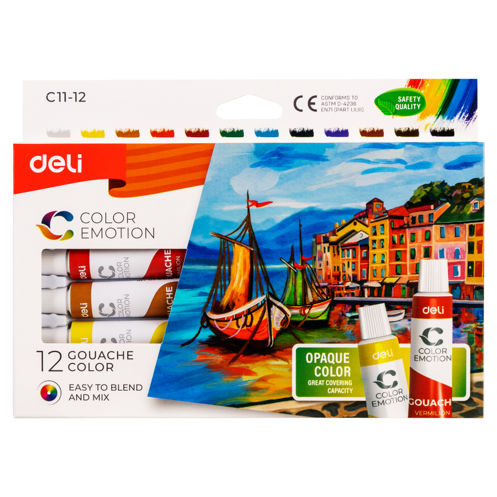 Темперни бои Deli Color Emotion EC11-12, на водна основа, в тубички 12 мл, 12 цвята