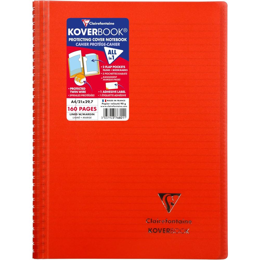 Тетрадка със спирала Clairefontaine Koverbook, А4+, 80 л., линиран офсет 90 г, PP подвързия, червена