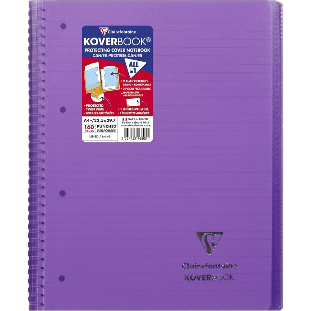 Тетрадка със спирала Clairefontaine Koverbook, А4+, 80 л., линиран офсет 90 г, PP подвързия, лилава