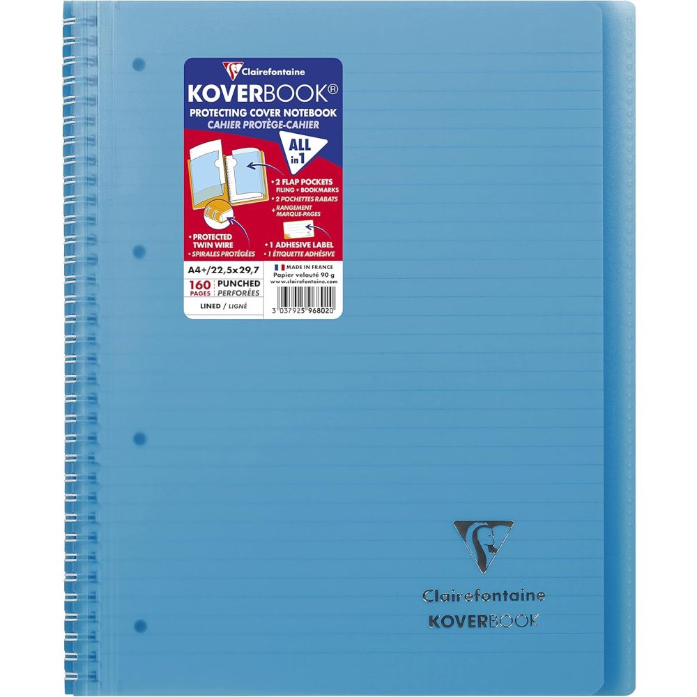 Тетрадка със спирала Clairefontaine Koverbook, А4+, 80 л., линиран офсет 90 г, PP подвързия, синя