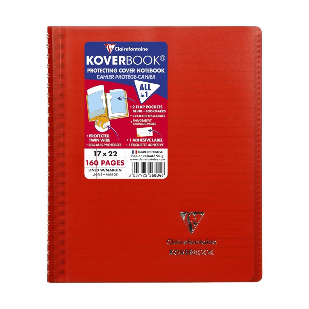 Тетрадка със спирала Clairefontaine Koverbook, А5+, 80 л., линиран офсет 90 г, PP подвързия, червена