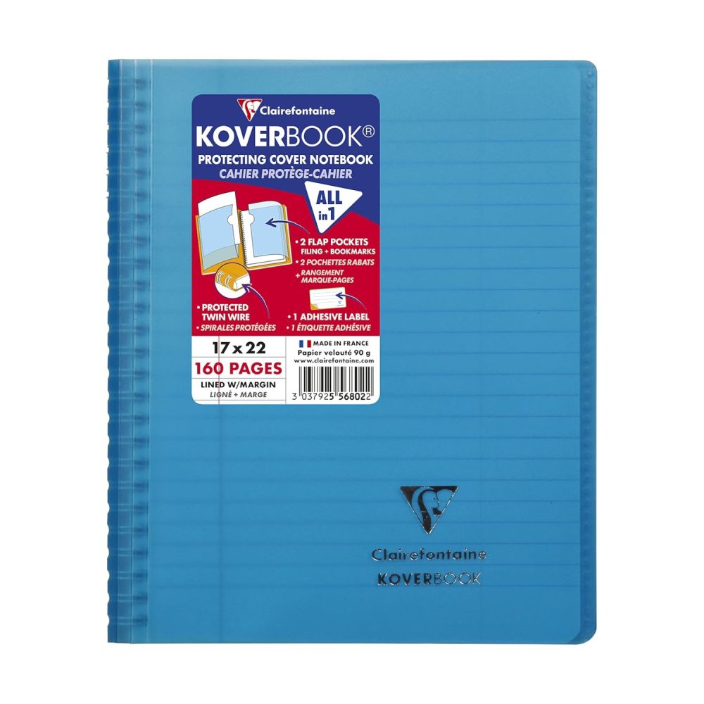 Тетрадка със спирала Clairefontaine Koverbook, А5+, 80 л., линиран офсет 90 г, PP подвързия, синя