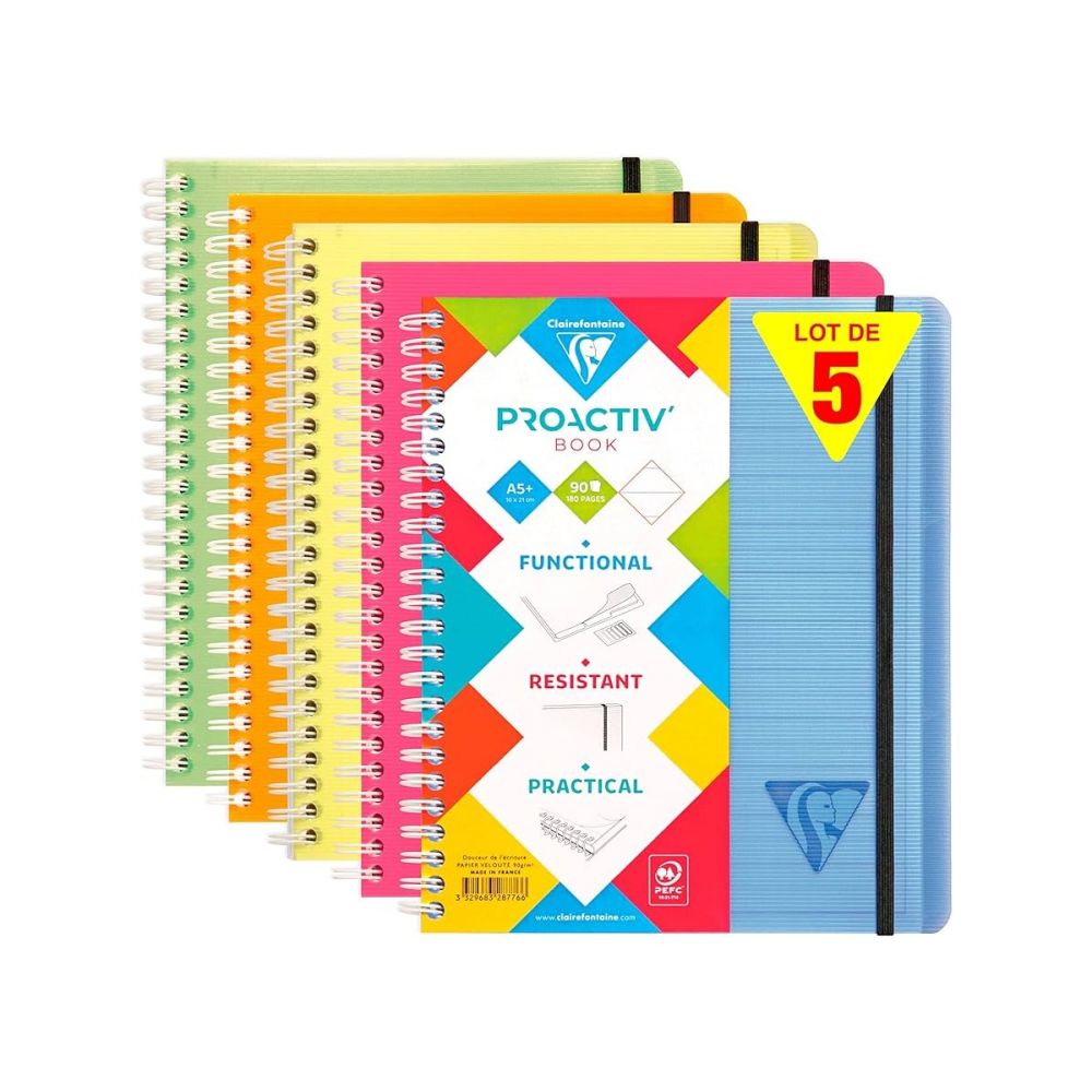 Тетрадка със спирала Clairefontaine Proactiv'Book, А5, 90 л., линиран офсет 90 г, PP подвързия