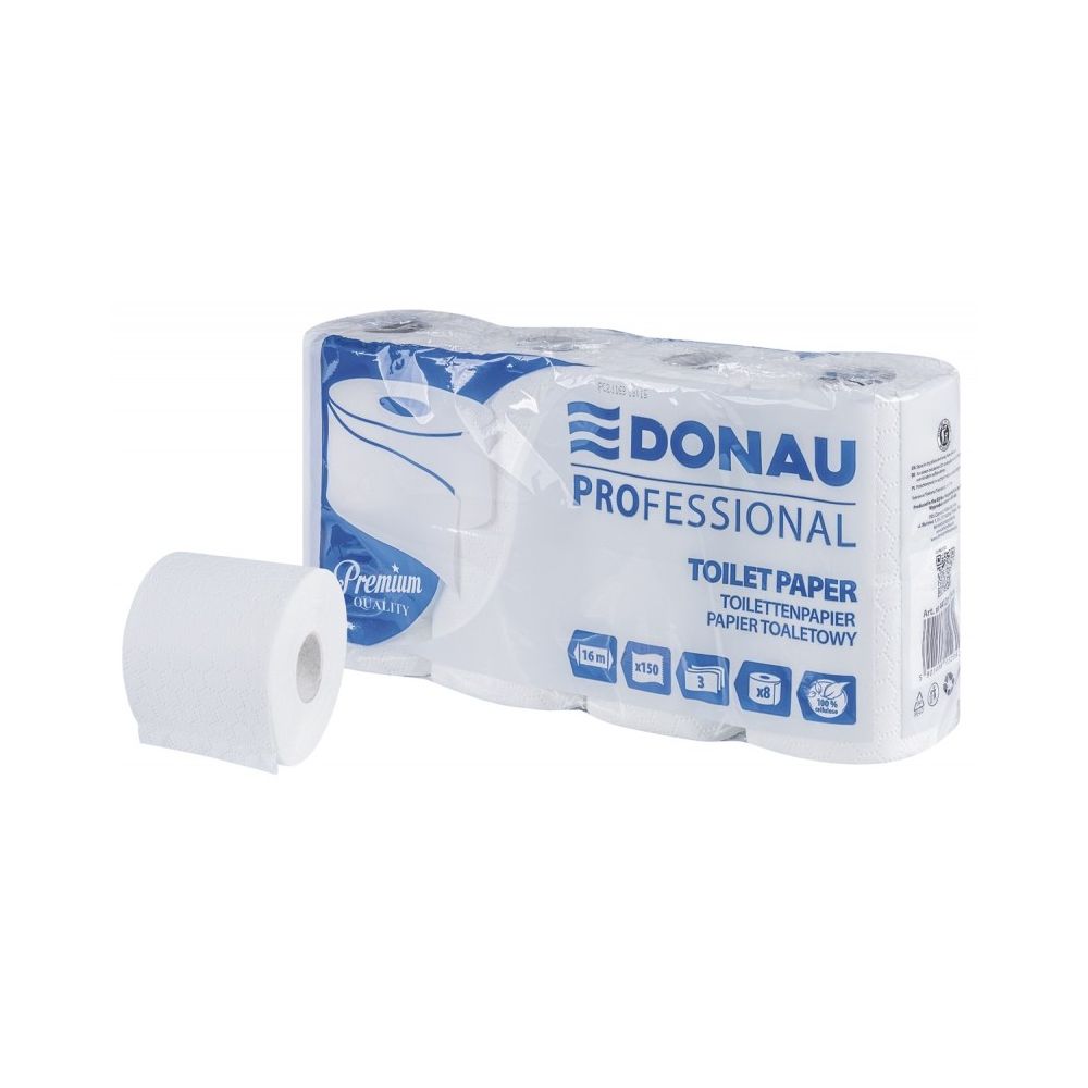 Тоалетна хартия DONAU PROFESSIONAL на ролка, 3 пласта, бяла, 150 къса, опаковка 8 бр.