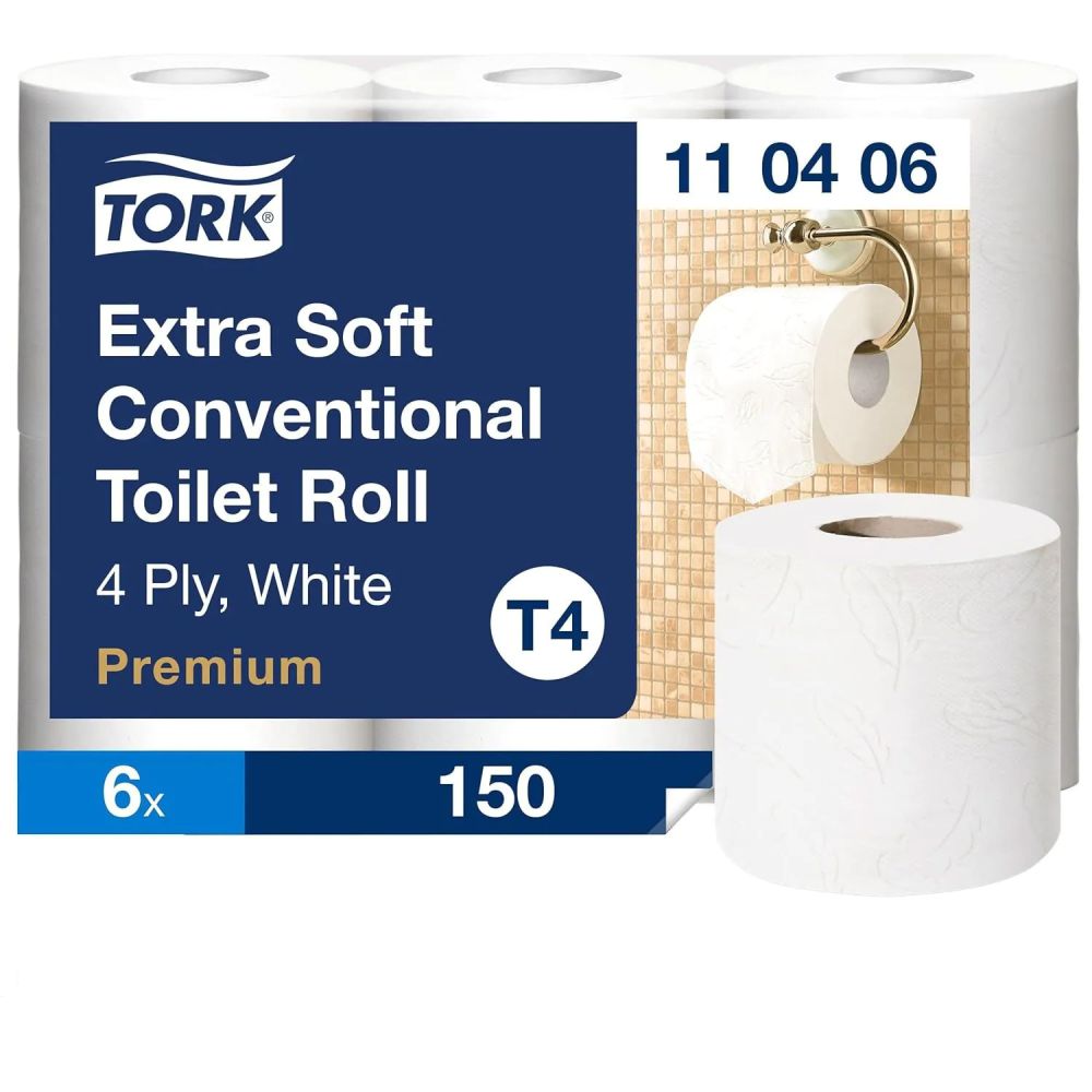 Тоалетна хартия Tork Extra Soft Premium на ролка T4, 4 пласта, бяла, 150 къса, опаковка 6 бр.