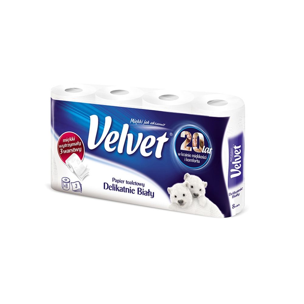 Тоалетна хартия Velvet Delicate White на ролка, 3 пласта, бяла, 150 къса, опаковка 8 бр.