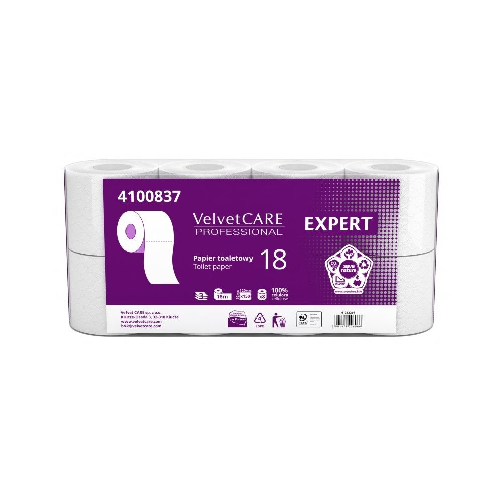 Тоалетна хартия Velvet Expert на ролка, 3 пласта, бяла, 150 къса, опаковка 8 бр.
