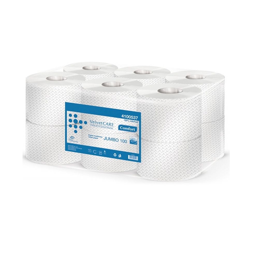 Тоалетна хартия Velvet Professional Jumbo на ролка, 2 пласта, бяла, 800 къса, опаковка 12 бр.