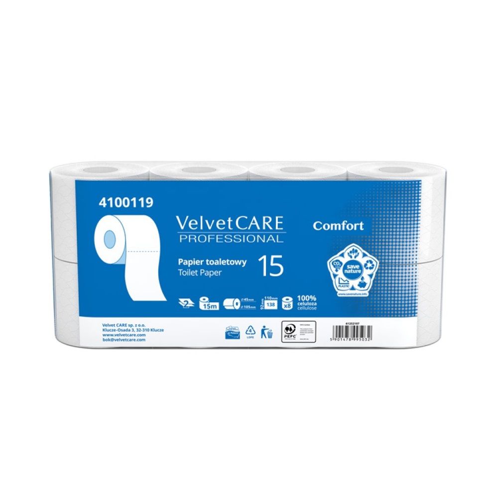 Тоалетна хартия Velvet Professional на ролка, 2 пласта, бяла, 138 къса, опаковка 8 бр.
