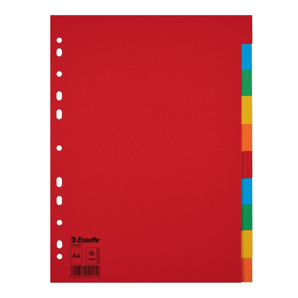 Цветен разделител Esselte, 10 теми, картон 160 г, A4, подсилена европерфорация, лицева страница