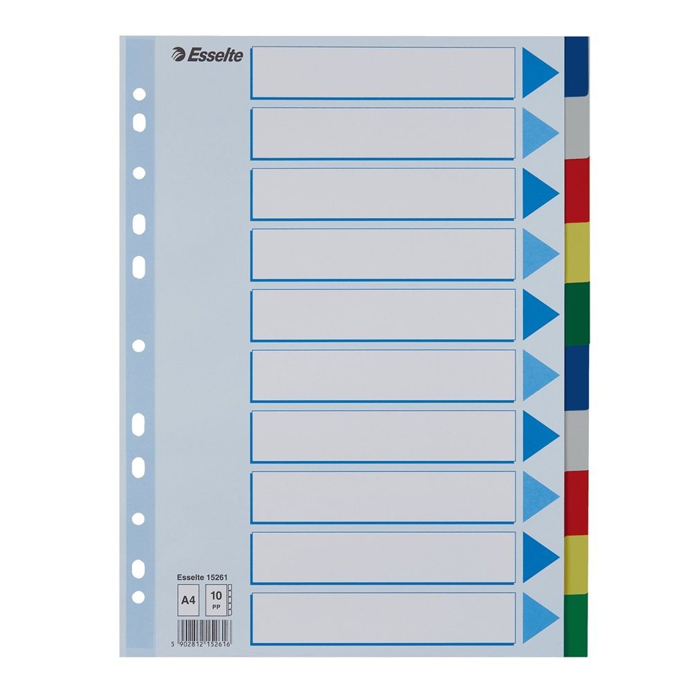 Цветен разделител Esselte, 10 теми, PP 120 mic, A4, подсилена европерфорация, лицева страница