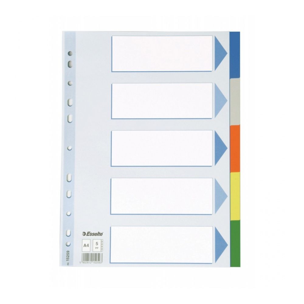 Цветен разделител Esselte, 5 теми, PP 120 mic, A4, подсилена европерфорация, лицева страница