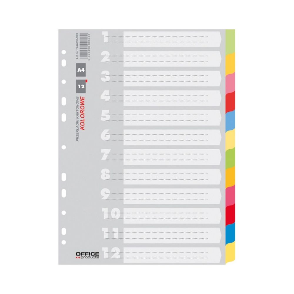 Цветен разделител OFFICE PRODUCTS, 12 теми, картон 170 г, A4