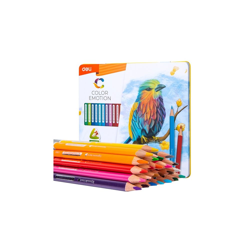 Цветни моливи Deli Color Emotion EC00225, триъгълно тяло, 24 цвята, в метална кутия