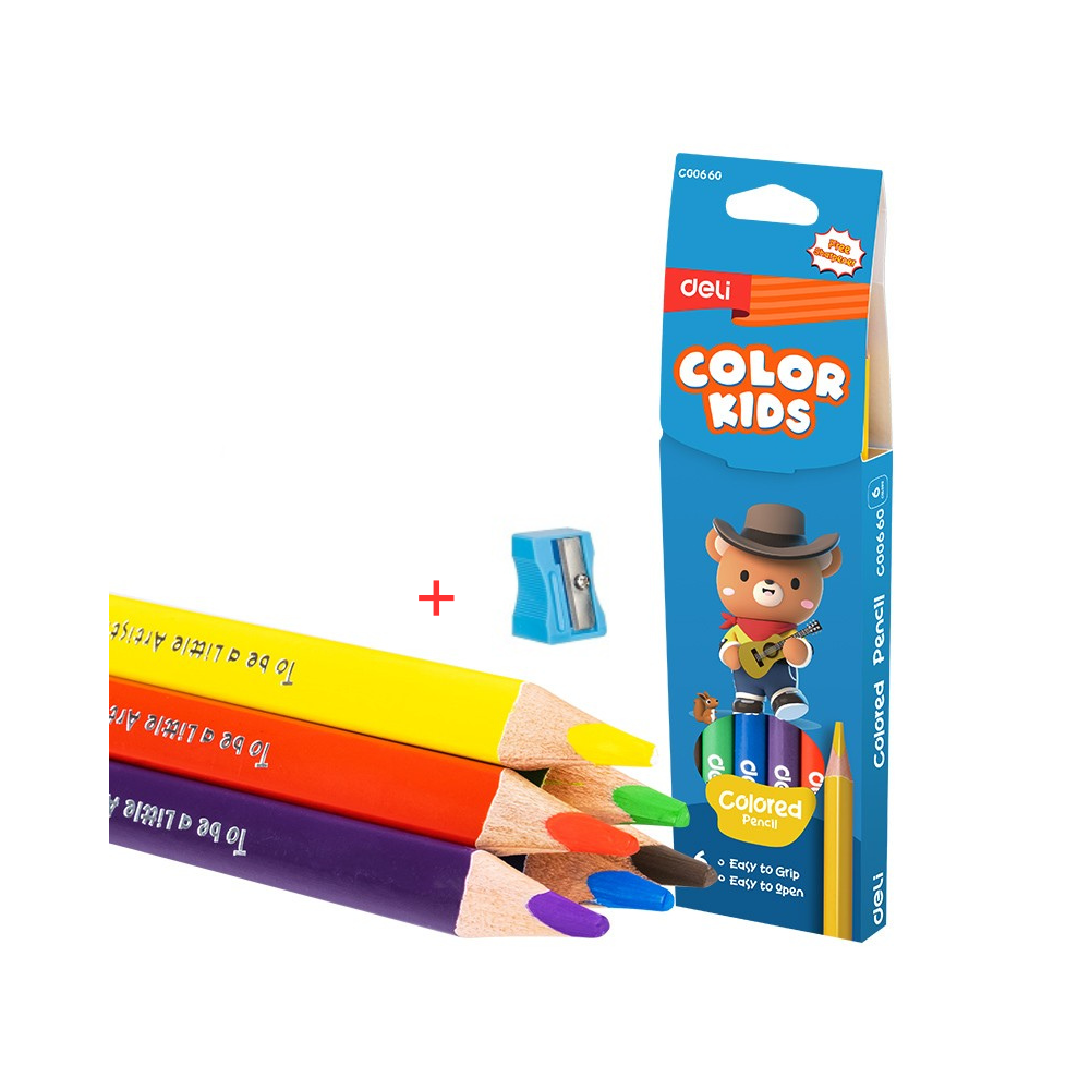 Цветни моливи Deli Color Kids EC00660, джъмбо триъгълно тяло, 6 цвята + острилка