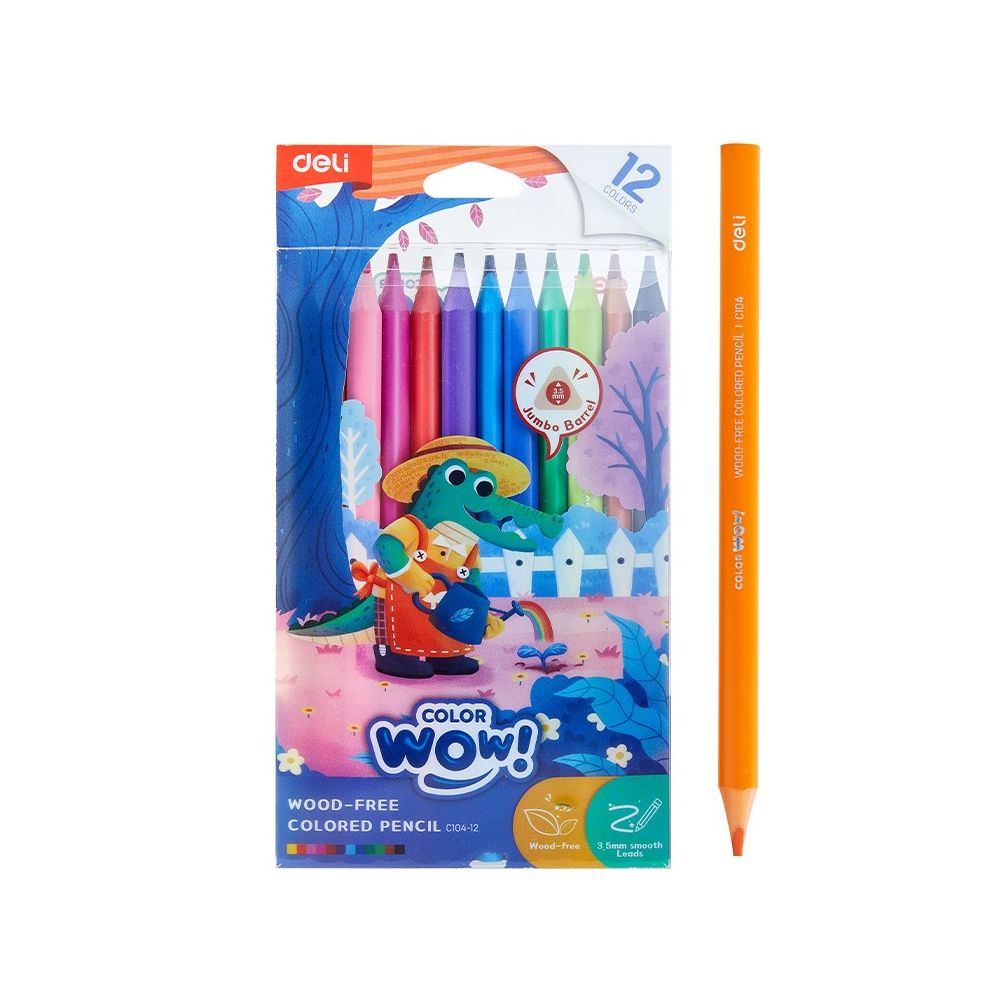 Цветни моливи Deli Color wow! EC104-12, джъмбо триъгълно тяло, 12 цвята, PVC опаковка