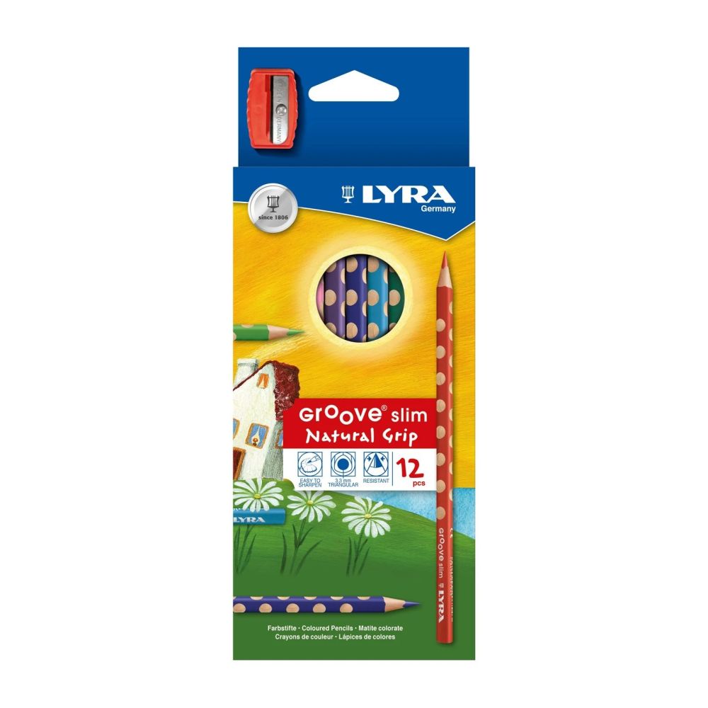 Цветни моливи LYRA Groove slim, триъгълно тяло, 12 цвята + острилка