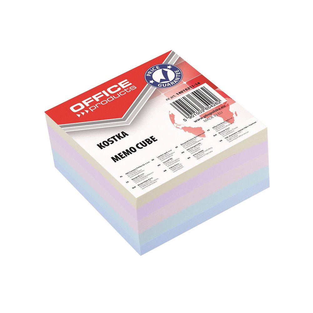 Цветно кубче OFFICE PRODUCTS, 85х85 мм, 400 л, офсет, подлепено, микс 4 цвята, фолирано