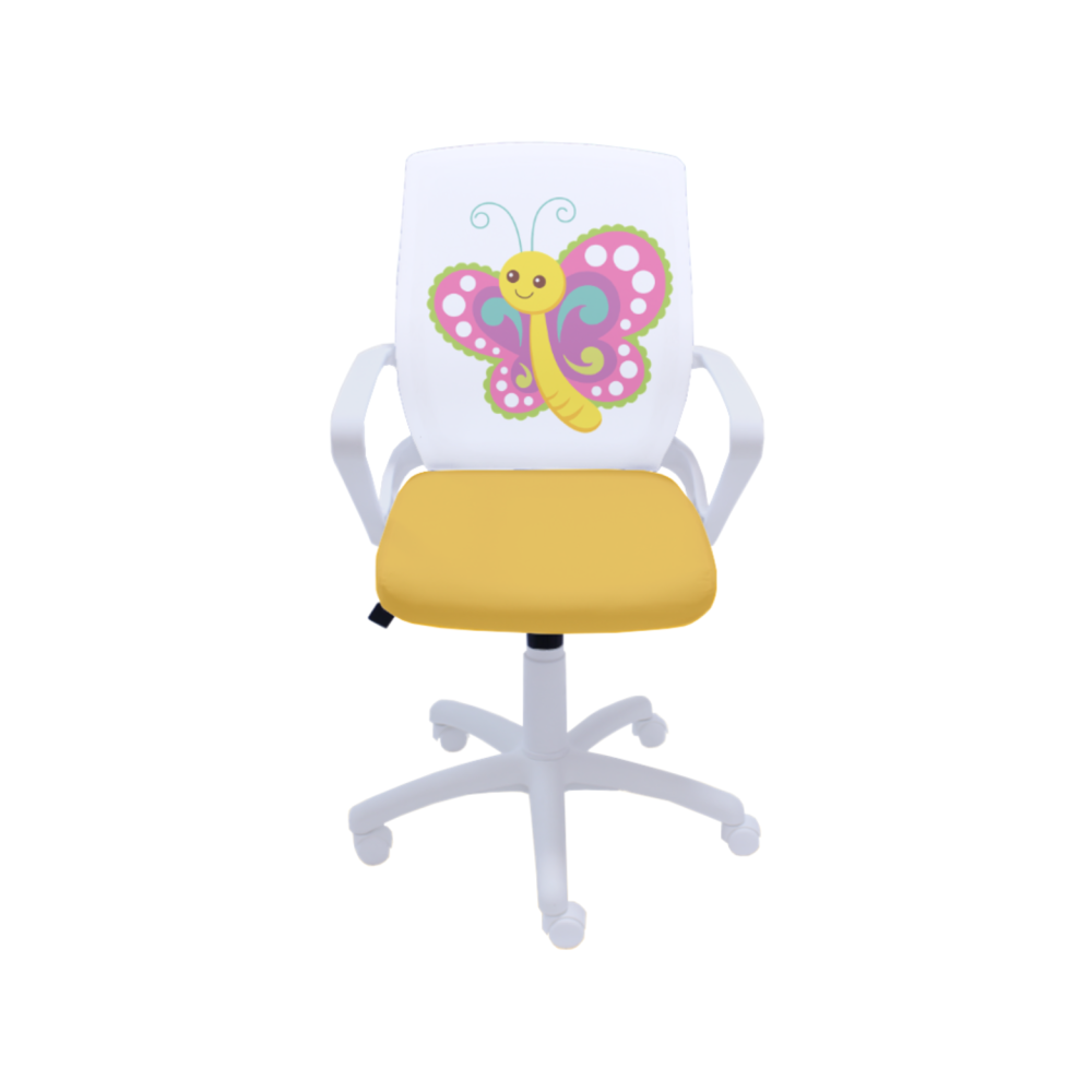 Ученически стол Fly White Butterfly, дамаска и мрежа, бяла РР база, фиксирани подлакътници, жълт