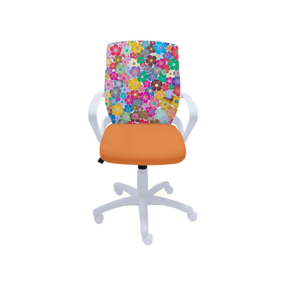 Ученически стол Fly White Flowers, дамаска и мрежа, бяла РР база, фиксирани подлакътници, оранжев