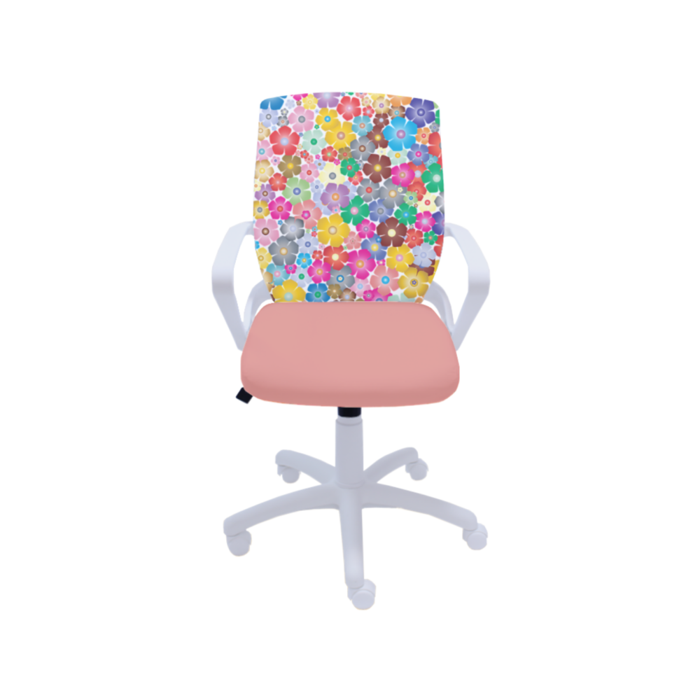 Ученически стол Fly White Flowers, дамаска и мрежа, бяла РР база, фиксирани подлакътници, розов