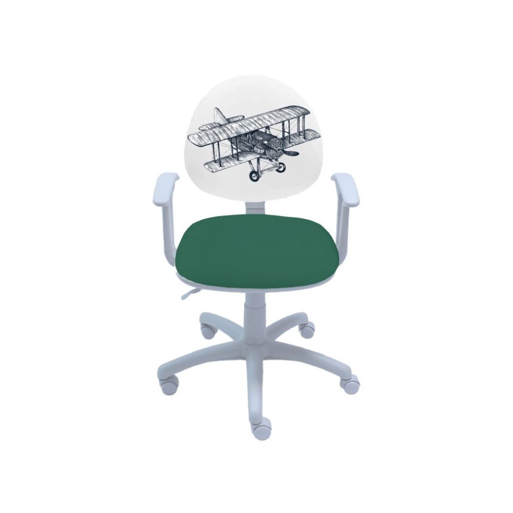 Ученически стол Smart White Airplane, дамаска, бяла РР база, фиксирани подлакътници, зелен
