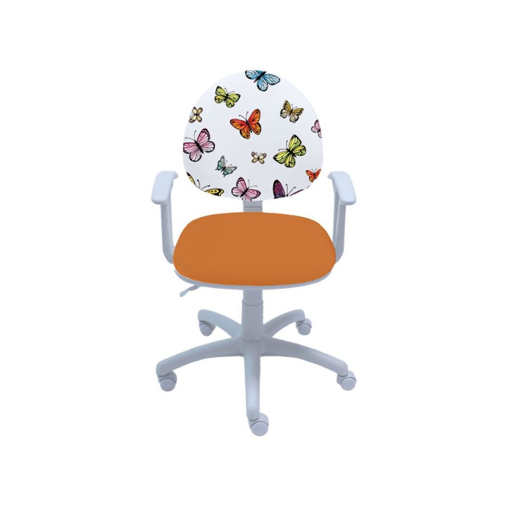 Ученически стол Smart White Butterfly, дамаска, бяла РР база, фиксирани подлакътници, оранжев