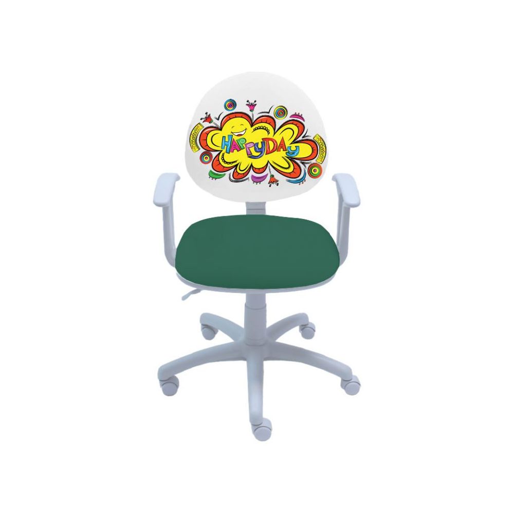 Ученически стол Smart White Happy Day, дамаска, бяла РР база, фиксирани подлакътници, зелен