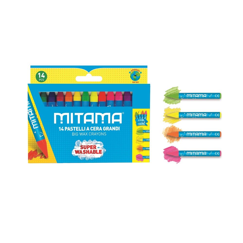 Восъчни пастели MITAMA Super Washable, ф 10 мм, 100 мм, 10 интензивни + 4 неонови цвята