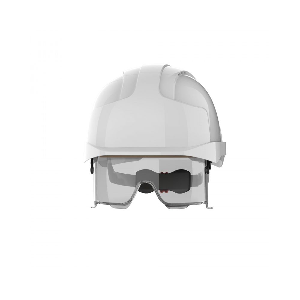 Защитна каска с маска JSP EVO®VISTAlens®, вентилирана, с регулиращ механизъм колело, бяла